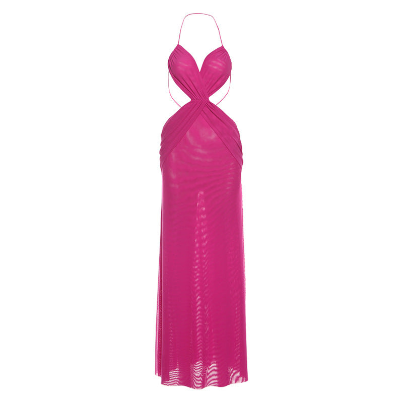 Summer Sexy See through Backless Lace up Halter Maxi Dress Women Clothing
