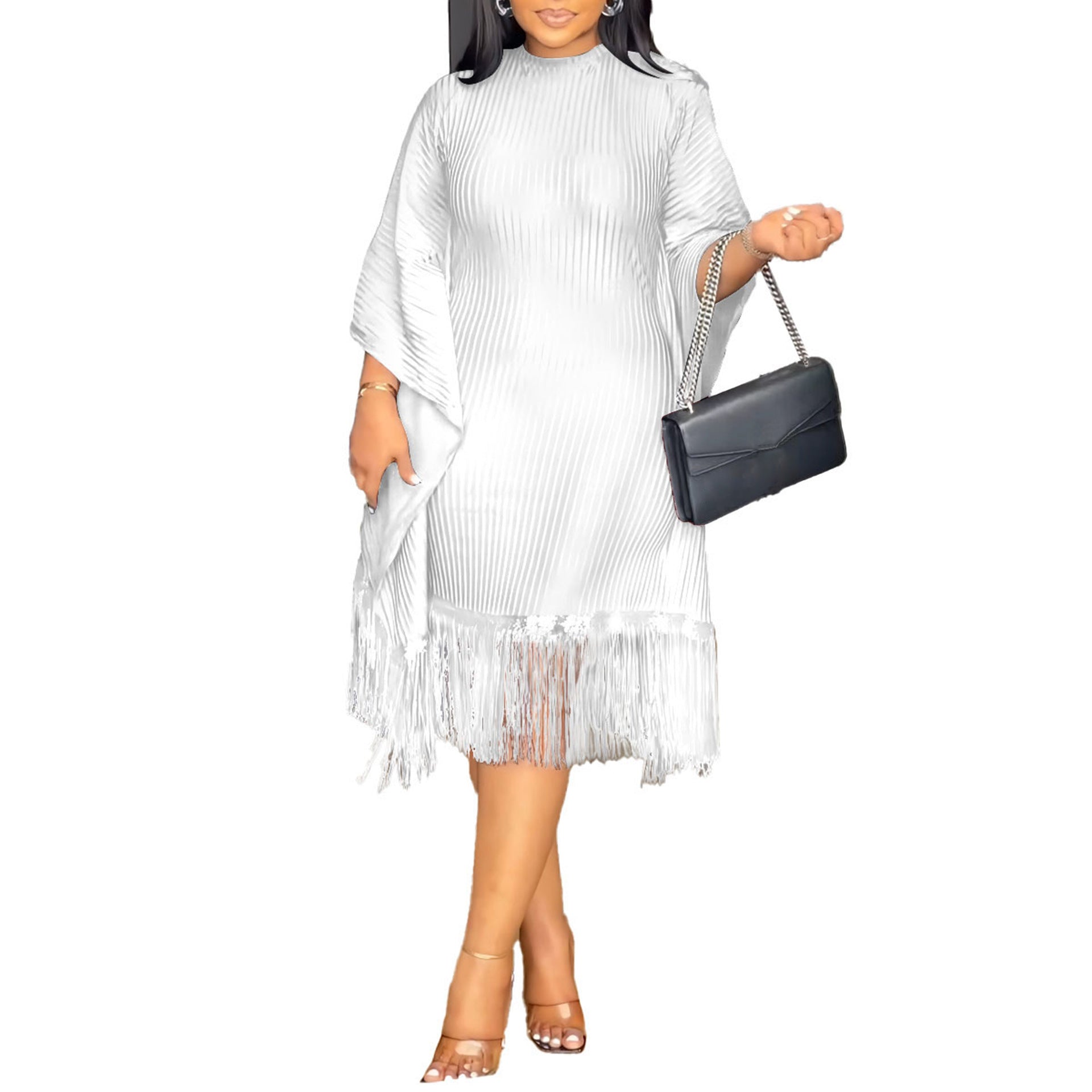 Women Sequined Tassel Bat Sleeve Elastic Hip Dress