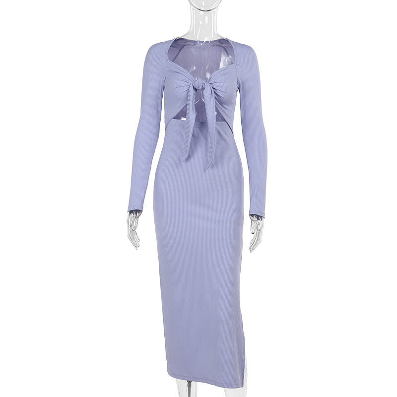 Women Dress Fashionable, Elegant Sexy Slim Hollow Out Cutout out Long Sleeve Split Maxi Dress