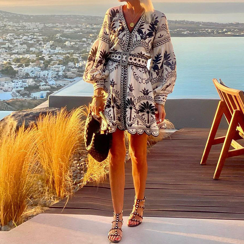 Women Clothing Autumn Ladies Printed Beach Loose Short Dress