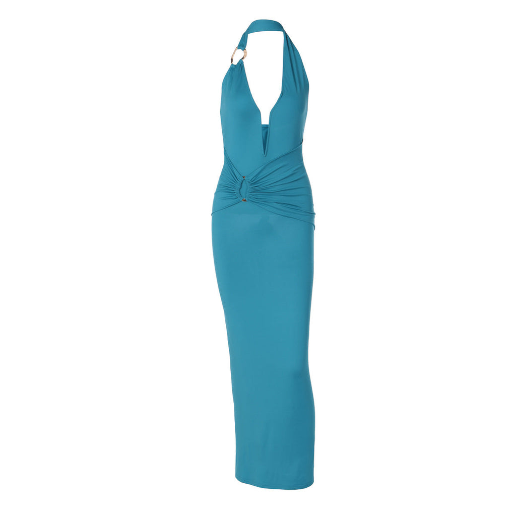 Summer Sexy V neck Stitching Steel Ring Halter Slim Fit Pleated Patch Maxi Dress for Women