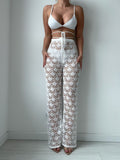 Women Beach Hollow Out Cutout Out Trousers Casual Sexy High Waist Bikini Sun Proof Trousers
