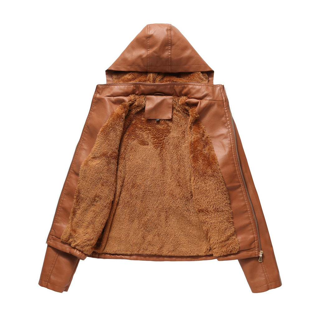 Fall Winter Hooded Leather Coat Women's Detachable Hat Long Sleeve Zipper Fleece-Lined Leather Jacket Slim Coat
