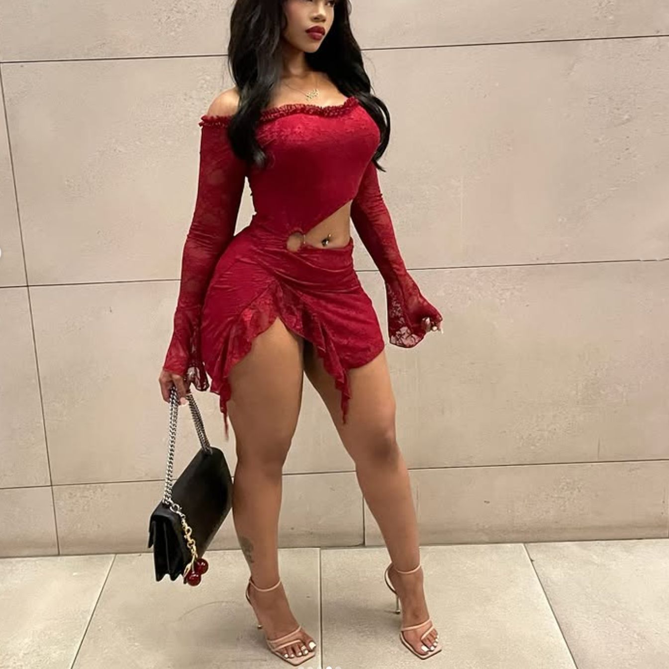 Women Clothing Autumn Sexy Cropped Lace Stitching Tube Top Lace Dress