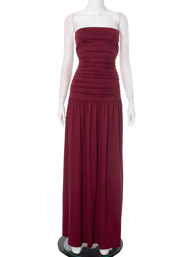Women Clothing Solid Color Sleeveless Backless Slim Fit Pleated Tube Top Maxi Dress