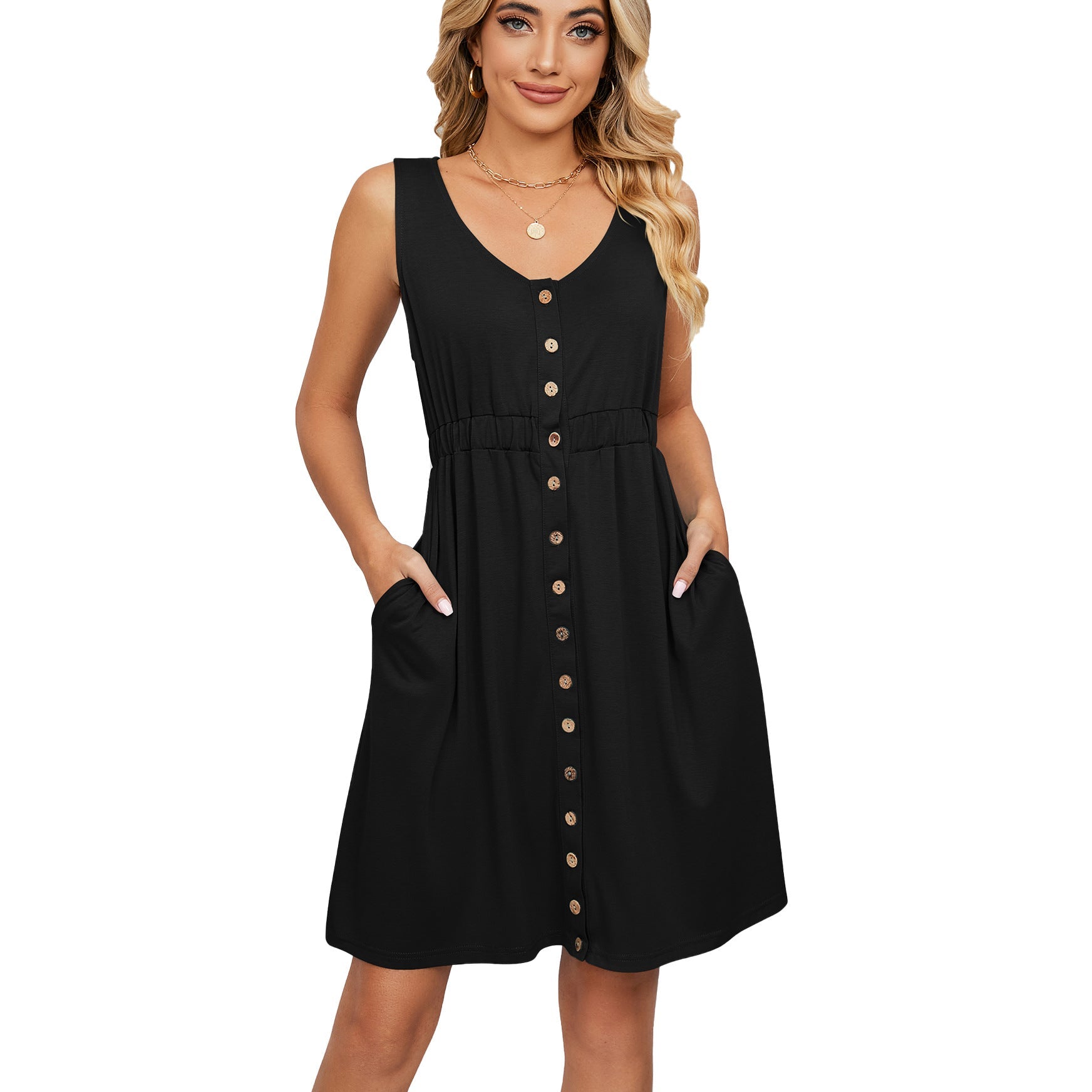 Spring Summer Solid Color Sleeveless Button Pocket Crew Neck Split Waist Dress