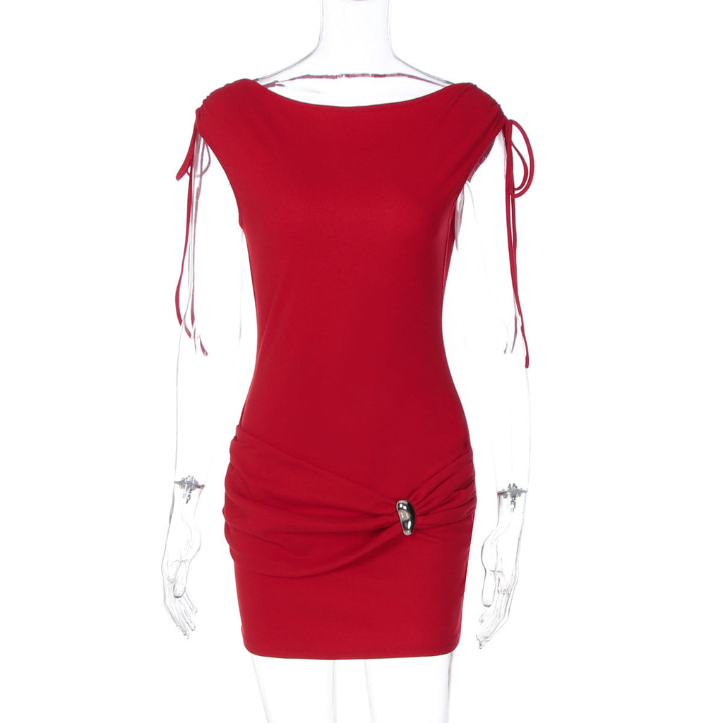 Women Autumn Solid Color round Neck Sleeveless Pleating Bare Back Skinny Sheath Dress