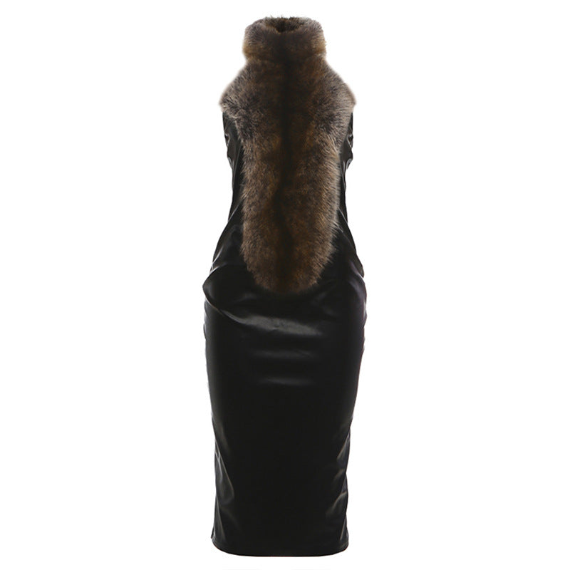 Autumn Winter Women Clothing Retro Color Matching Fur Collar Stitching Halter Sexy Tight Dress