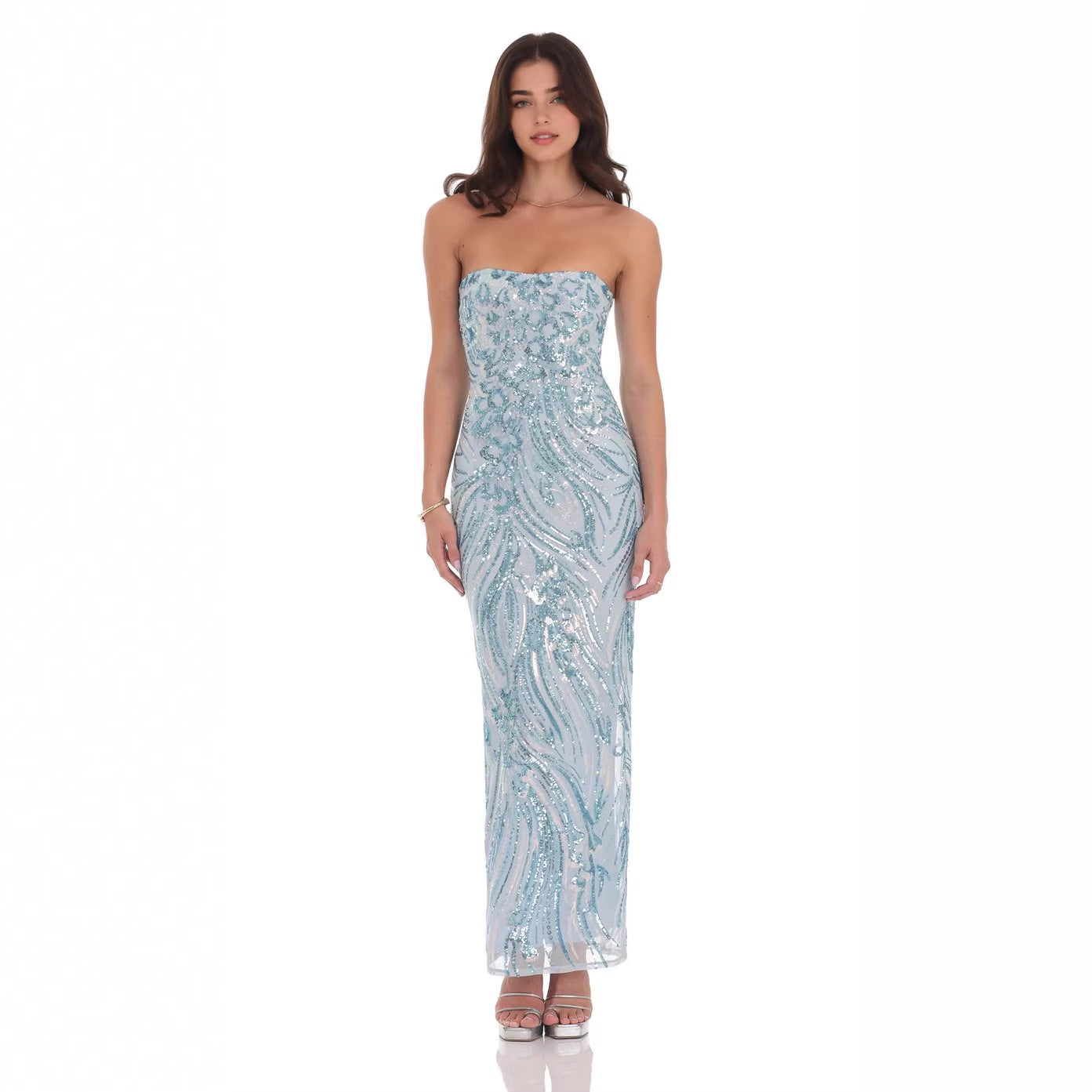 Cocktail Goddess Women Embroidered Floral Sequined Evening Dress Tube Top Fishtail Group Slim Dress