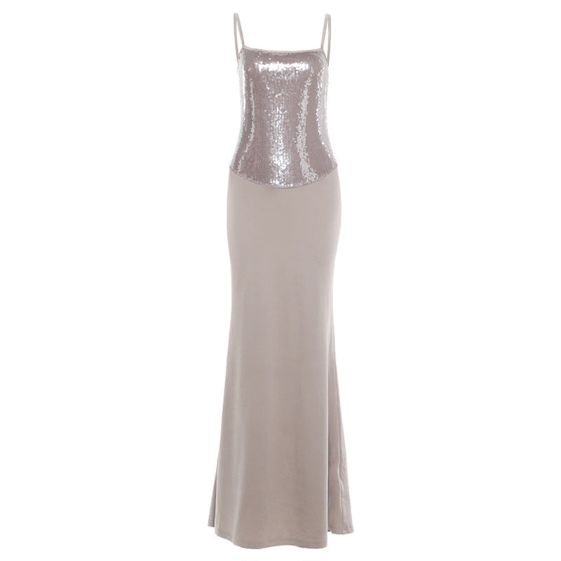 Autumn Winter Women Sexy Sling Sequin Backless Tube Top Slim Maxi Dress for Women