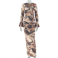 Women Striped Printed Abstract Hip Dress Hollow Out Cutout round Neck Flared Sleeves Maxi Dress