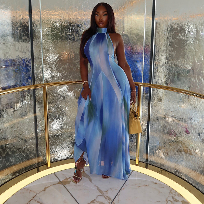 Elegant Fresh Women Clothing Printing Gradient Color Fairy Dress Stand Collar Long Sleeve Light Floating Slim Fit Dress