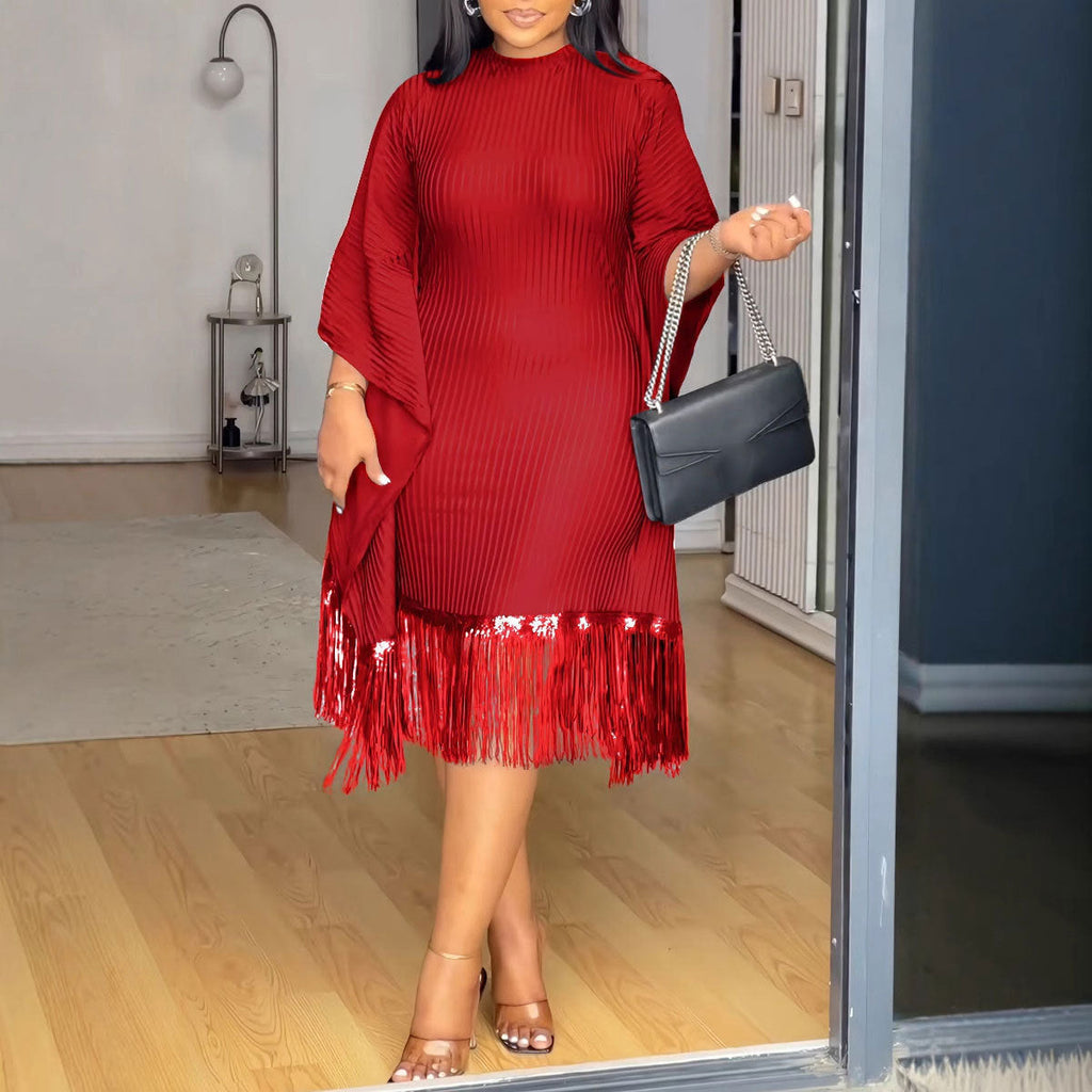 Women Sequined Tassel Bat Sleeve Elastic Hip Dress