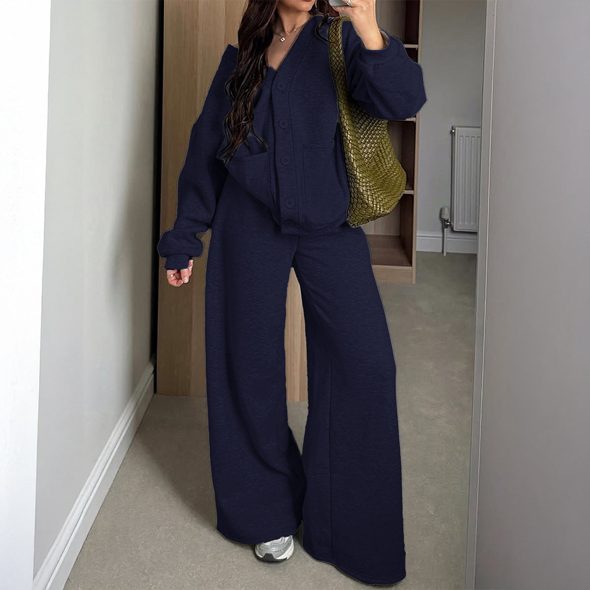 Women Clothing Autumn Winter Holiday All Matching Long Sleeve Coat Trousers Two Piece Set