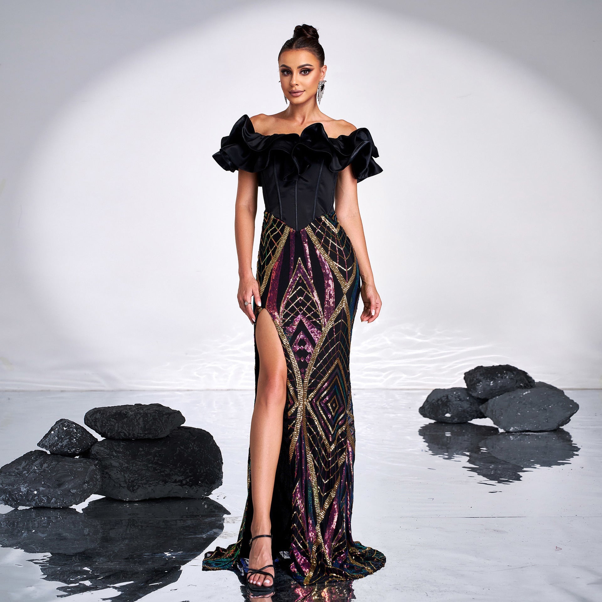 Women Clothing High Grade off Neck Slim Fit Cocktail Sequined Split Long Evening Dress for Women