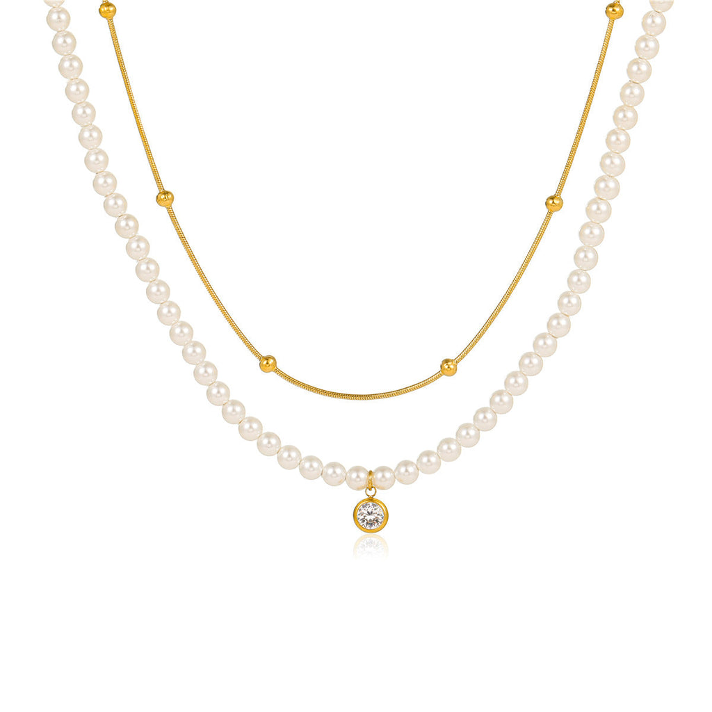 All Match Pearl Double Chain Inlaid Zircon Titanium Steel Necklace 18K Stainless Steel Clavicle Chain Accessories
