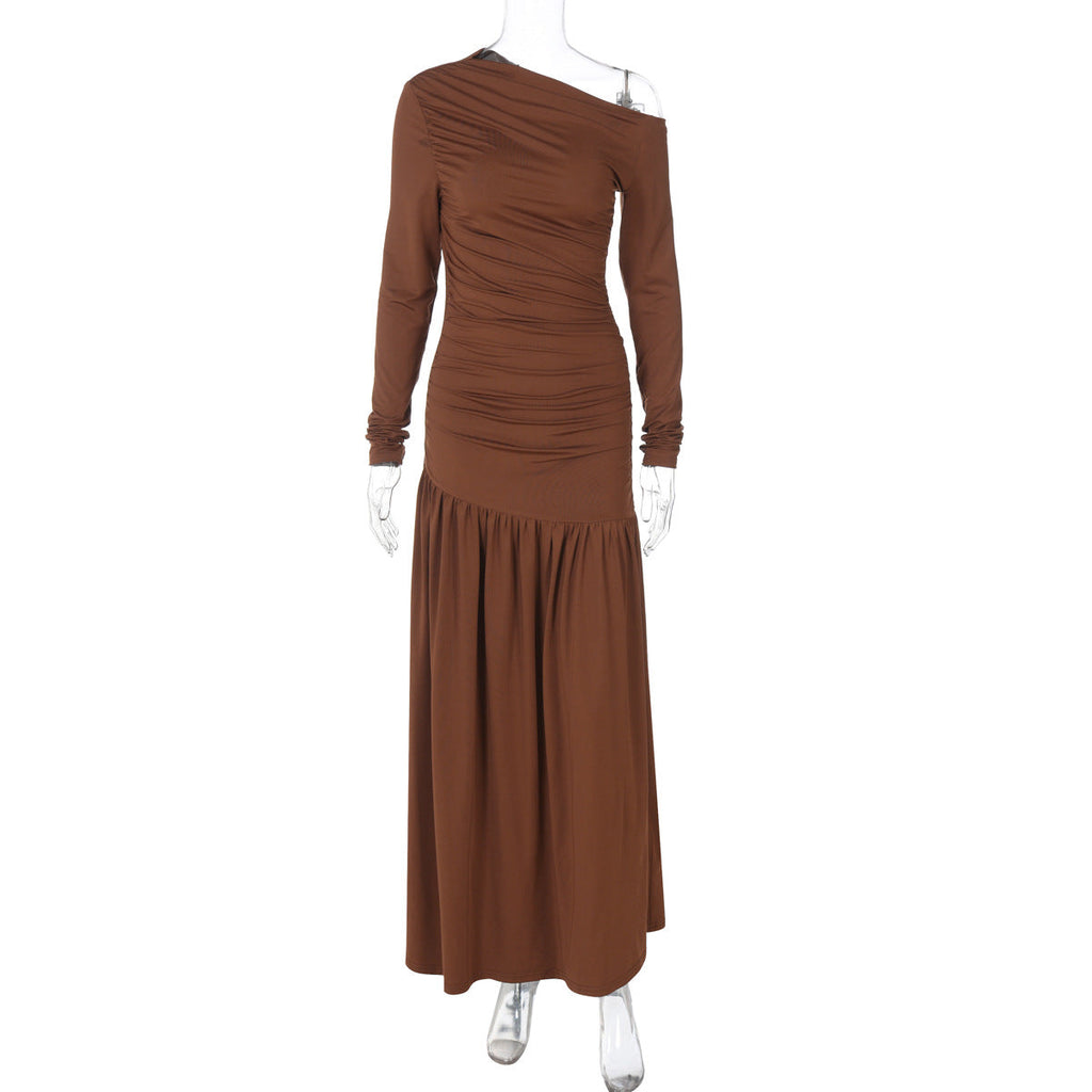 Women Clothing Autumn Solid Color One Shoulder Cold Shoulder Long Sleeve Stitching Dress