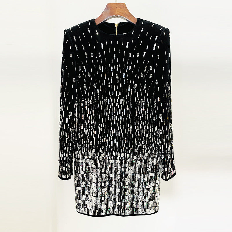 Women Autumn Winter Stars Heavy Industry Beads Sequined Pleuche Long Sleeve Dress