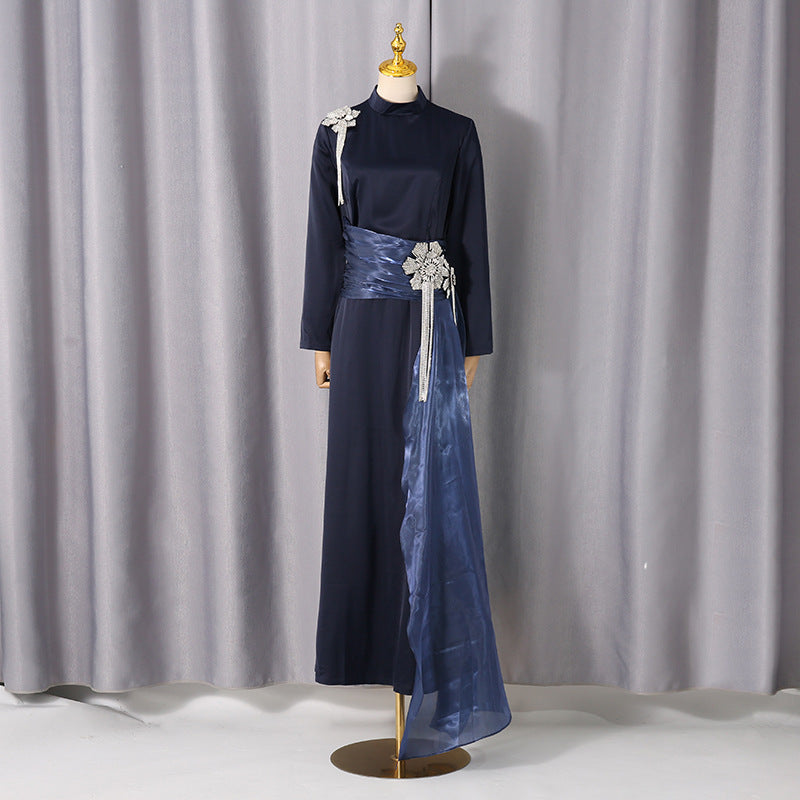 Dress Purplish Blue Satin Ribbon Tassel Diamond Dress Winter Women Clothing Dress for Women