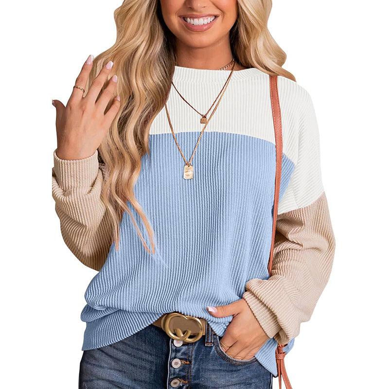 Autumn Winter Casual Striped Multi Color Mosaic Sweatshirt for Women