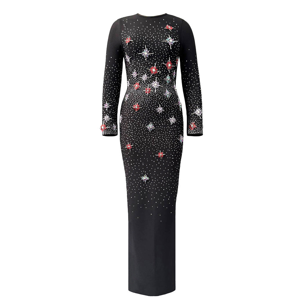 Exquisite Rhinestone Elegant Graceful Long Sleeve Bandage One Piece Dress The Dinner Party Formal Dress