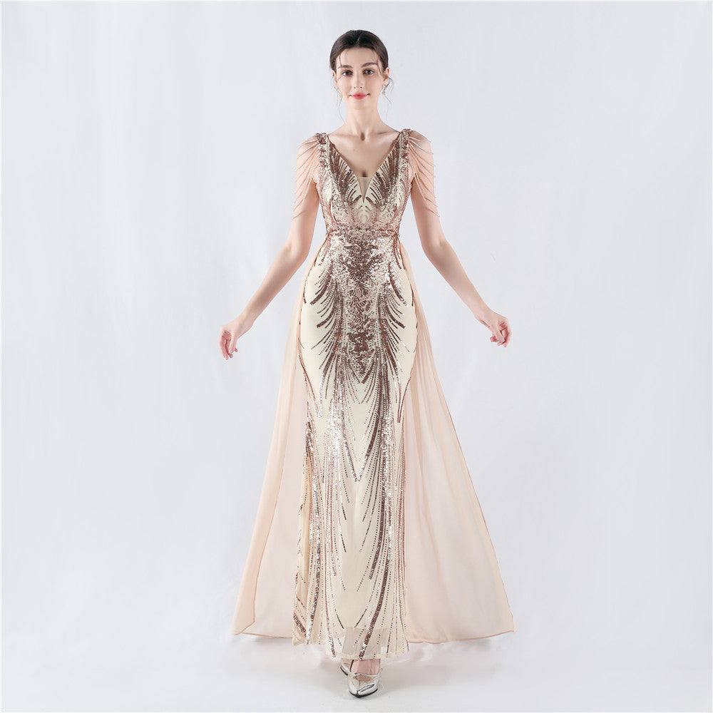 Dress Positioning Floral Sequin with Cloak Craft Beading High-End Evening Dress Annual Meeting Owner