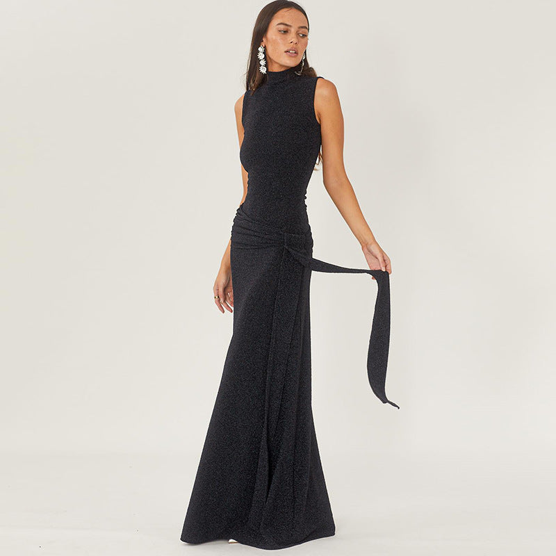 Autumn Elegant Slim Turtleneck Sleeveless Stitching Ribbon Bright Silk Dress Women