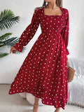 Real Shot Autumn Winter Casual Wooden Ear Square Collar Polka Dot Large Swing Dress Women