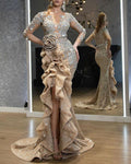 Women Clothing Sexy Gold Long Sleeve Cocktail Dress Trailing Dress