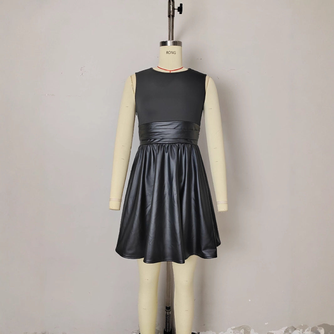 Graceful Fashionable Sleeveless round Collar Design Leather Stitching Dress