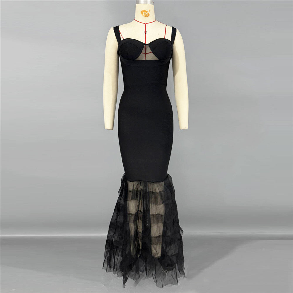 Elegant Fishtail Dress Sexy Mesh Stitching Sling Bandage One Piece Dress Party Evening Dress