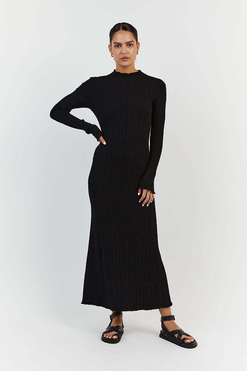 Autumn Winter Knitting Stringy Selvedge Dress Waist Tight Turtleneck Messy Sunken Stripe Core Spun Yarn Slimming Knitted Maxi Dress Women
