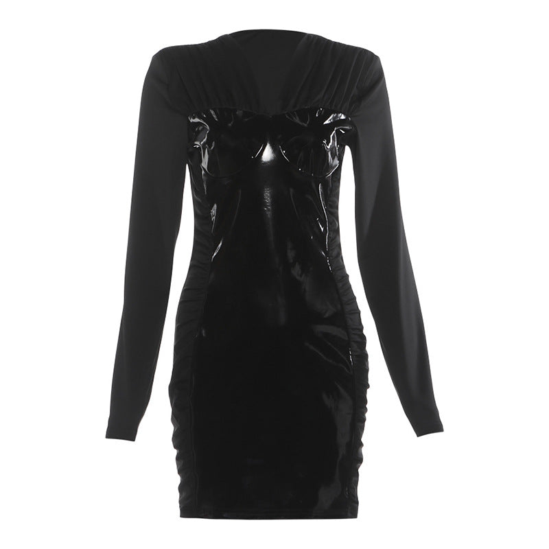 Women Clothing Autumn Winter Elegant Glossy V neck Patchwork Tight Waist Sheath Long Sleeve Dress
