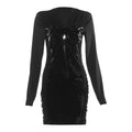 Women Clothing Autumn Winter Elegant Glossy V neck Patchwork Tight Waist Sheath Long Sleeve Dress