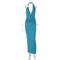 Summer Sexy V neck Stitching Steel Ring Halter Slim Fit Pleated Patch Maxi Dress for Women
