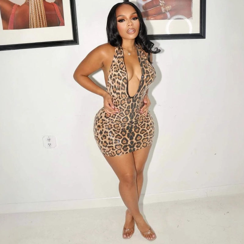 Spring Sexy Sleeveless Halter Leopard Print Deep V Plunge neck Backless Sheath Dress Women