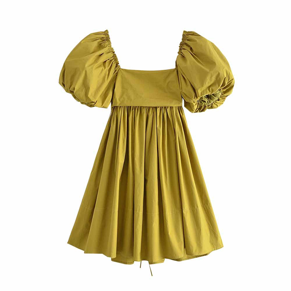 Spring Women Clothing French Retro Mustard Super Long Lace-up Puff Sleeve Short Sleeve Dress