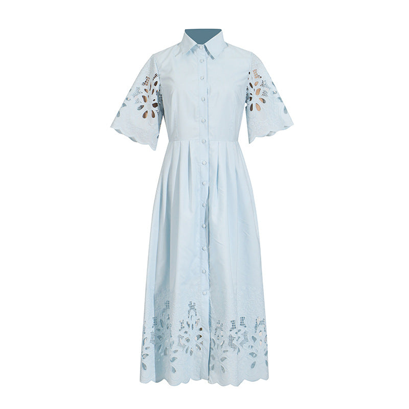 Personalized Embroidered Retro Dress Summer Polo Collar Half Sleeve Hollow Out Cutout Single Breasted Dress