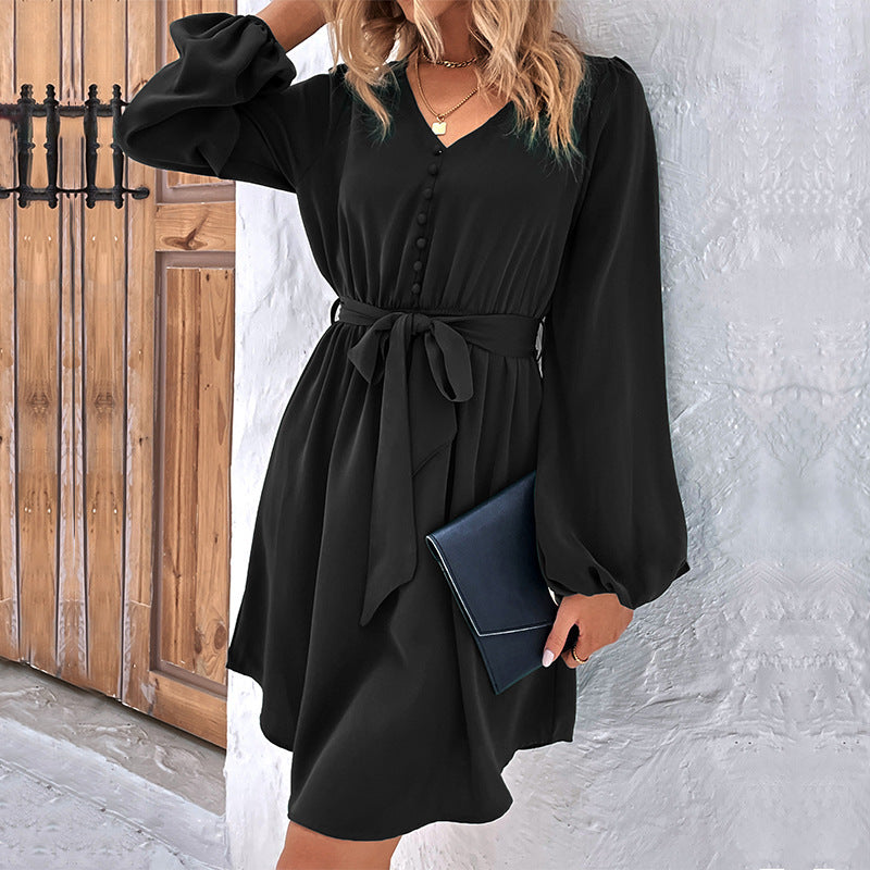 Women Clothing Spring Solid Color V neck Long Sleeve Dress