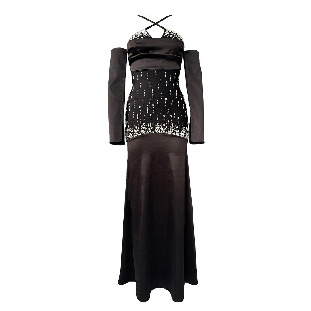 Luxury Beads Rhinestones Sexy Cross Sling Bandage One Piece Dress Dinner Party Dress