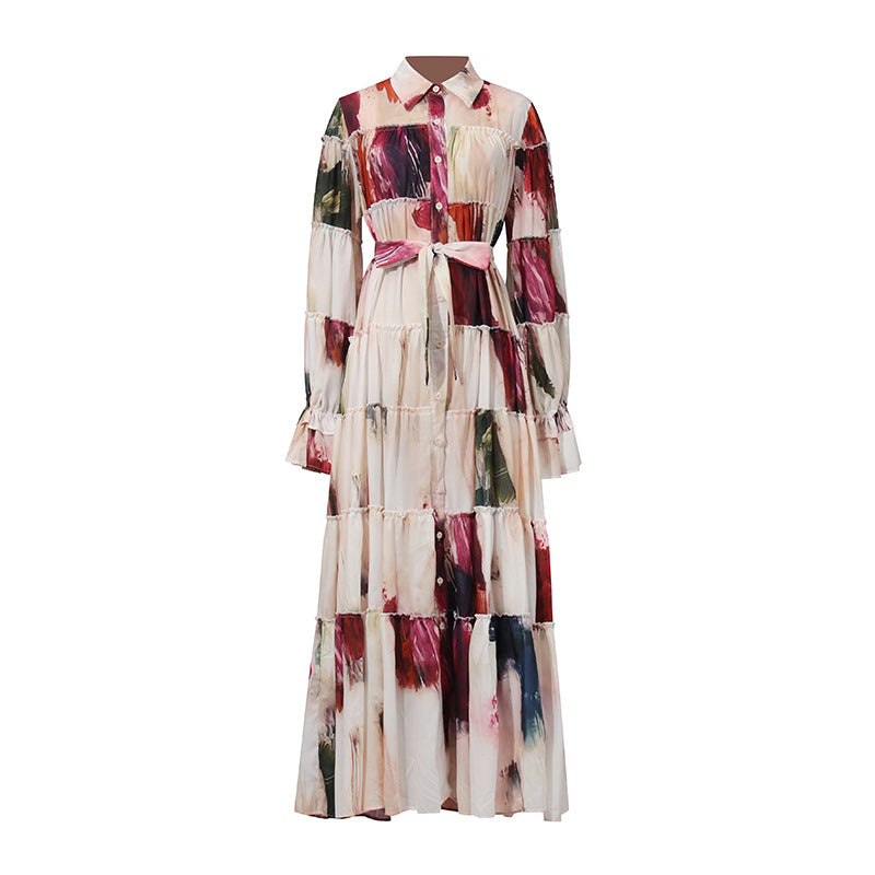 Maillard Contrast Color Large Swing Dress Women Summer Long Sleeve Loose Slimming Dress Women