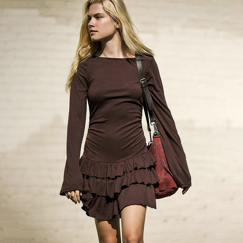 Women Clothing Summer Sexy Solid Color Slim Fit Long Sleeve Lace Dress