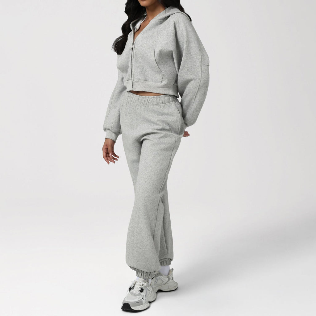 Autumn Winter Loose Slimming Track Sweatpants Women Thickened Hooded Zipper Sweatshirt Coat Casual Two Piece Set