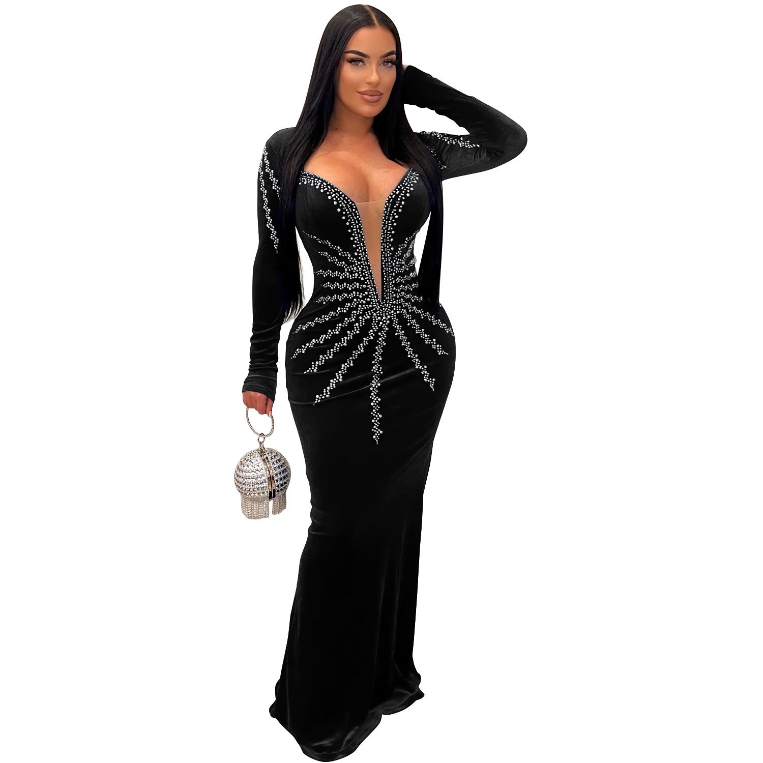 Women Wear Solid Color Sexy Rhinestone Long Sleeve Dress Dress