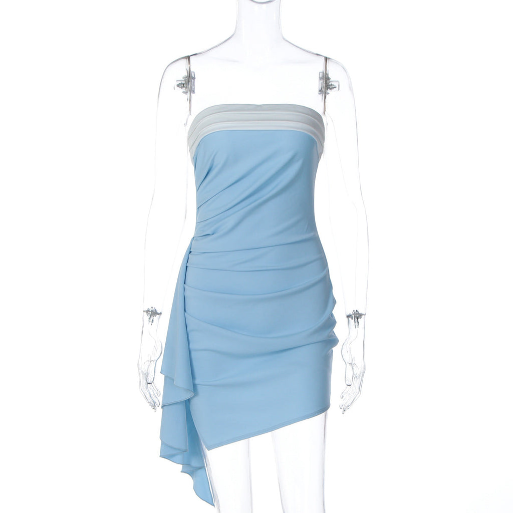 Women Clothing Autumn Color Contrast Patchwork Sexy Tube Top off Neck Ribbon Slim Dress