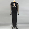 Long Sleeve Net Drill Stitching Hollow Out Cutout Bandage One Piece Dress Ladies Cocktail Party Evening Dress