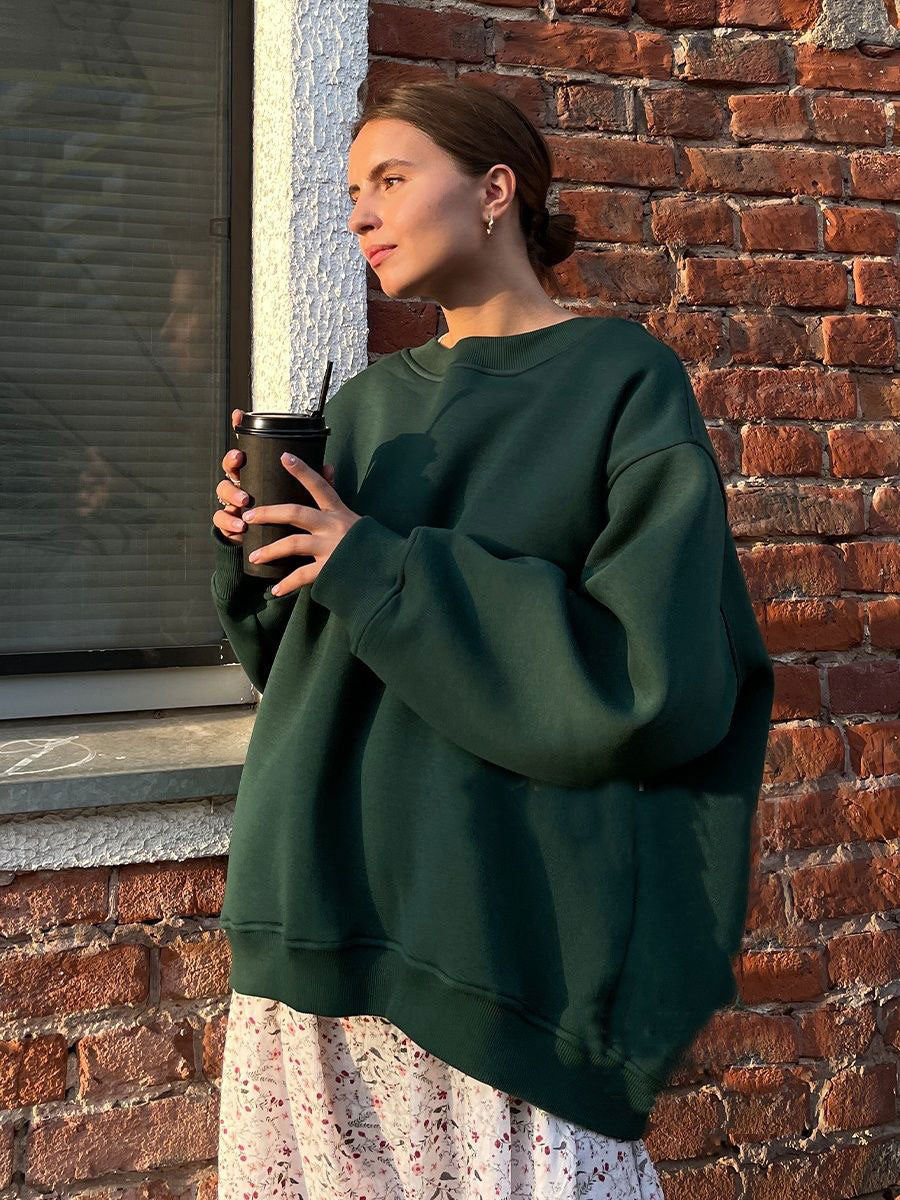 Round Neck Loose Sweatshirt Women Autumn Winter Street Solid Color Polar Fleece Pullover Sweatshirt