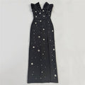 Pleated Lace Beaded Rhinestone Sleeveless Bandage One Piece Dress Socialite Gathering Party Evening Dress