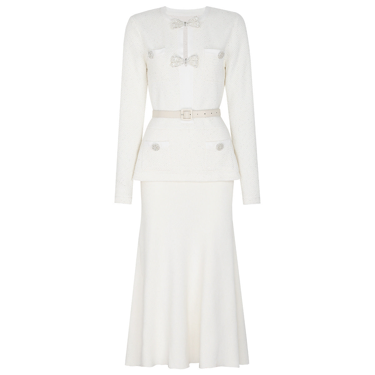 Spring Autumn Knitted round Neck Slim Fit Slimming Heavy Industry Beads Long Sleeve Dress