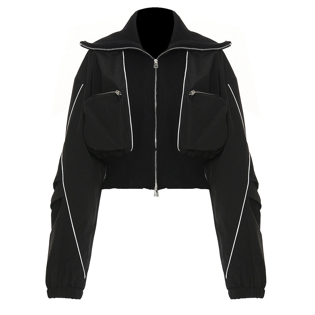 Autumn Winter Personal Casual Three Dimensional Zipper Pocket Large Collared Varsity Jacket Jacket Women